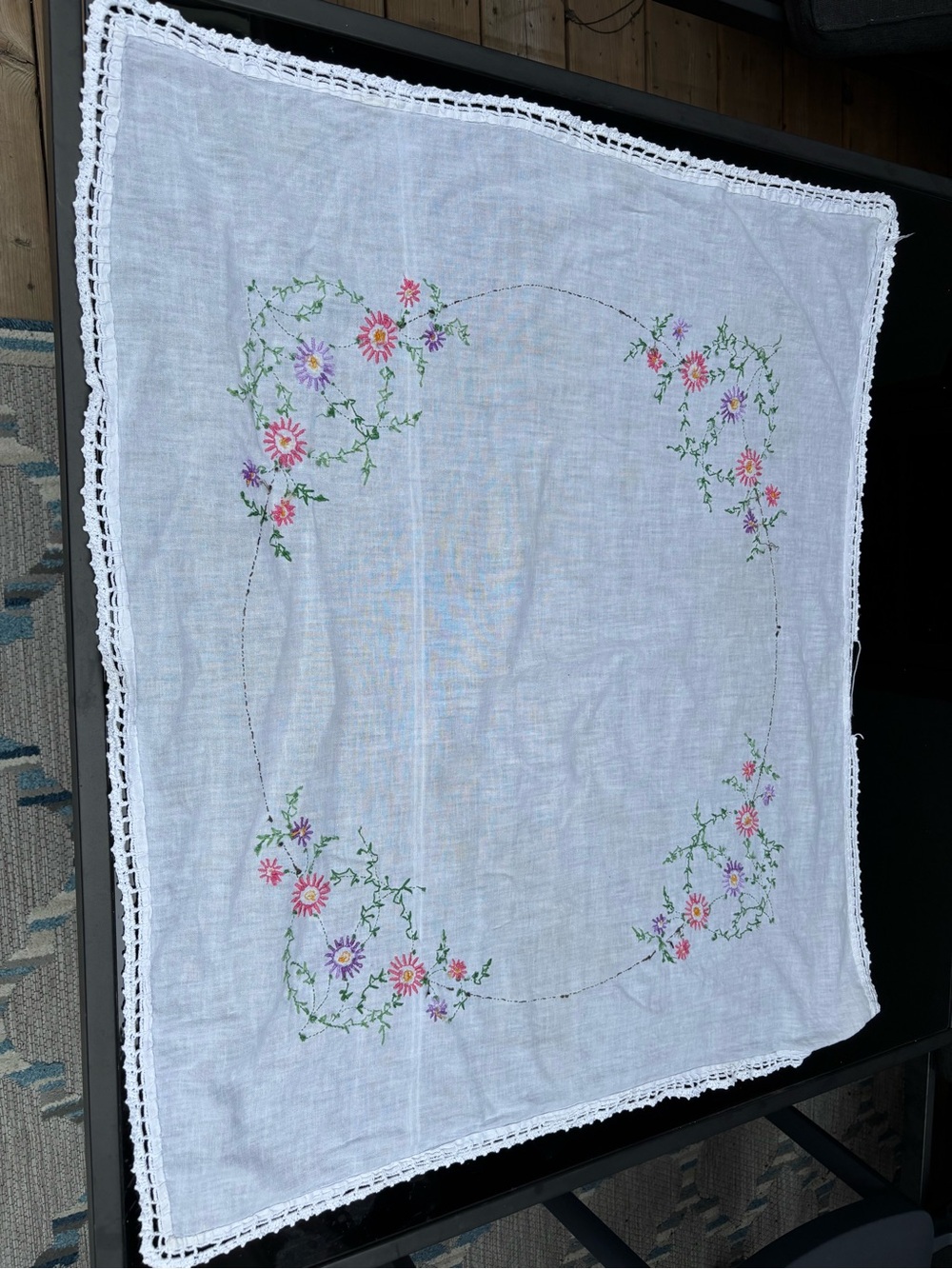 Vintage Hand-Embroidered Floral Tablecloth with Lace Trim.